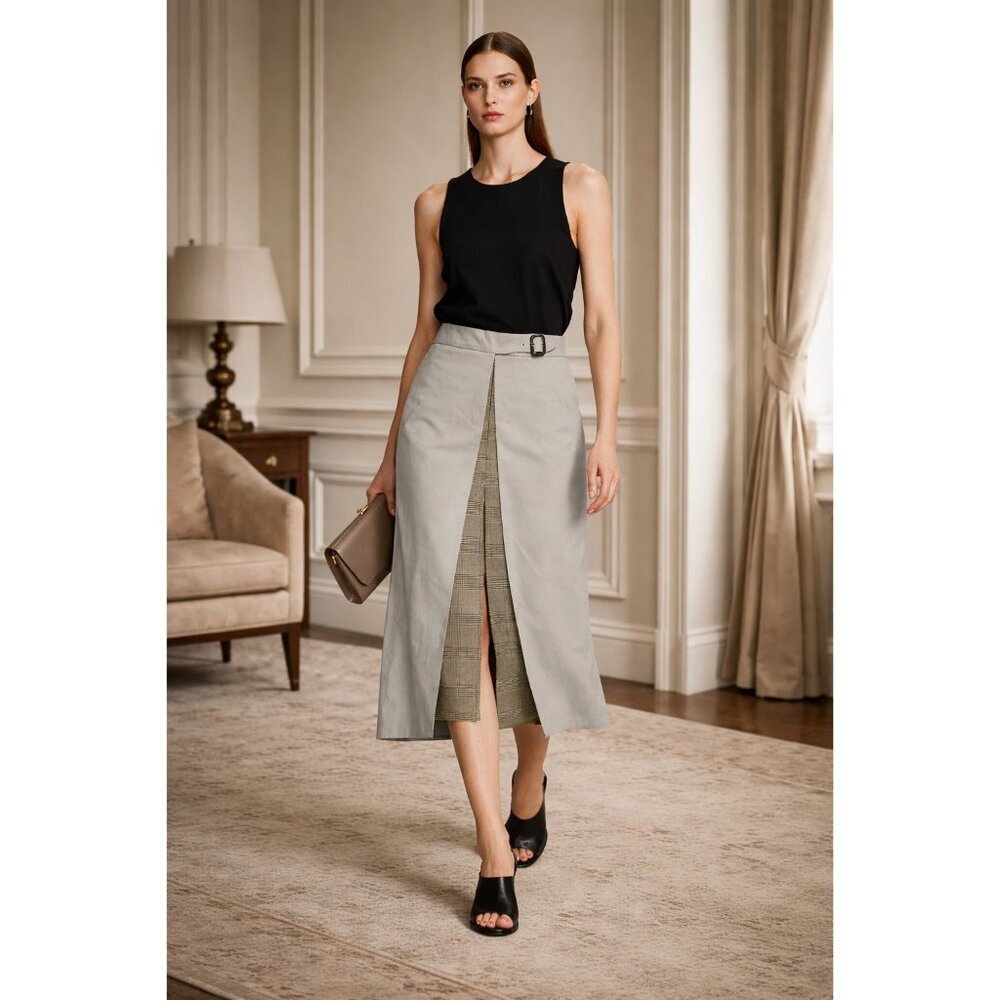 EFTYCHIA Ventile Beige Midi Skirt Straight Plaid Insert Belted UK 10 - Picture 12 of 13